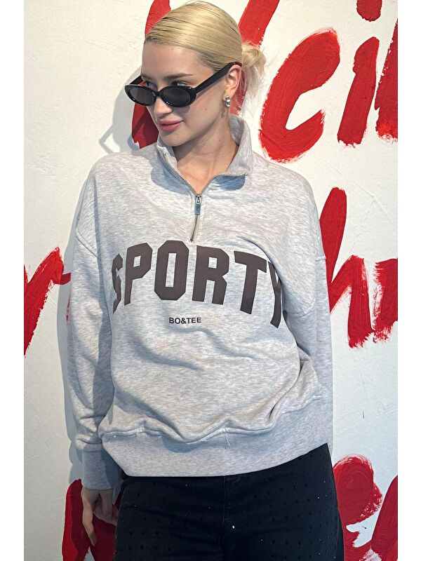 Madmext Karmelanj Yarım Fermuarlı Baskılı Sweatshirt Mg2212