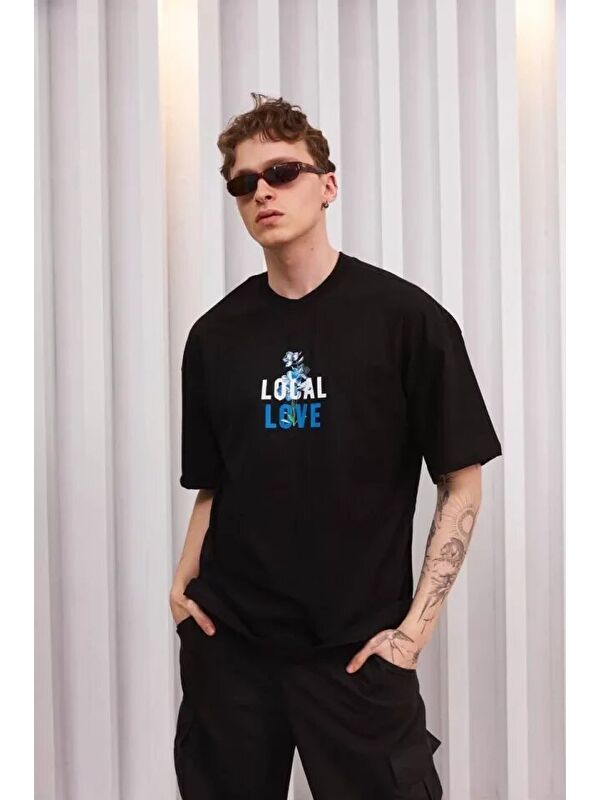 Jane's Unisex Bisiklet Yaka Baskılı Oversize T-Shirt - Siyah