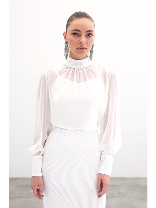 SATEEN Payet Detaylı Bluz - Ekru