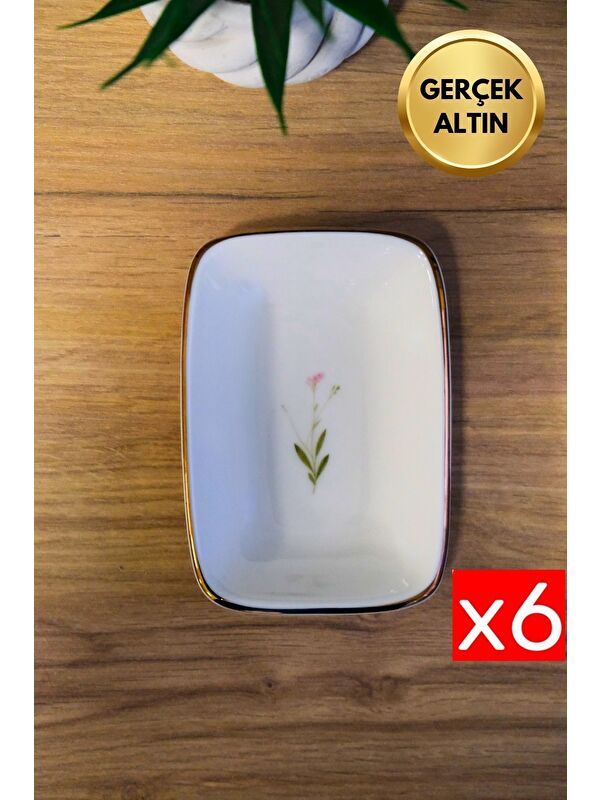 TABAK EVİ Porselen Natura Çuha Altın Yaldızlı Dikdörtgen Kayık Tabak 10x7x2cm 6 lı
