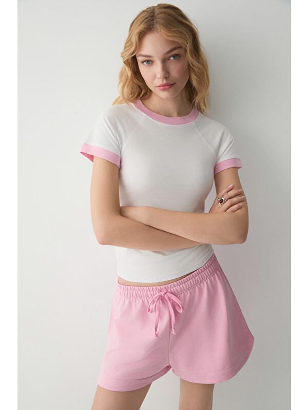 ETHIQUET OLYA Kadın Yuvarlak Yakalı Kontrast Yaka Ve Kol Uçlu BEYAZ-PEMBE T-Shirt