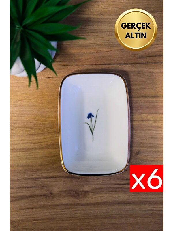 TABAK EVİ Porselen Natura İris Altın Yaldızlı Dikdörtgen Kayık Tabak 10x7x2cm 6 lı