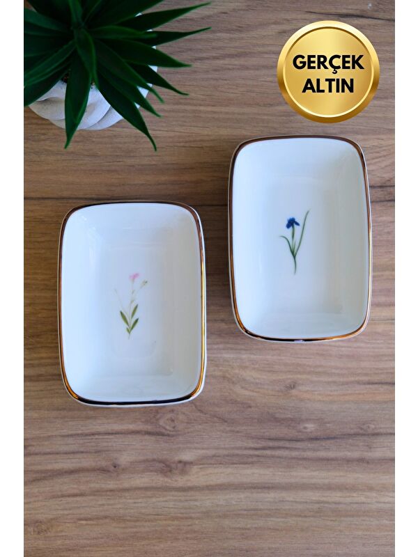 TABAK EVİ Porselen Natura Karma Altın Yaldızlı Dikdörtgen Kayık Tabak 10x7x2cm 2 li