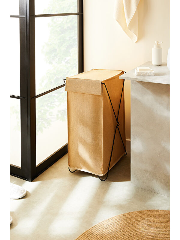 Ocean Home Textile Katlanabilir Bölmeli Siyah Metal Destekli Naturel Jüt Çamaşır Sepeti 44 x 29.5 x 63 cm