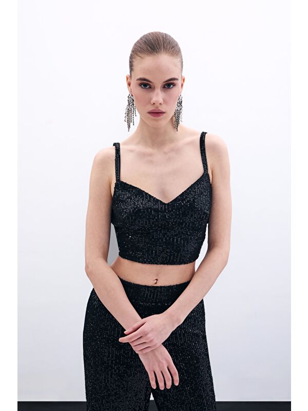 SATEEN Kalın Askılı Payet Crop - Siyah