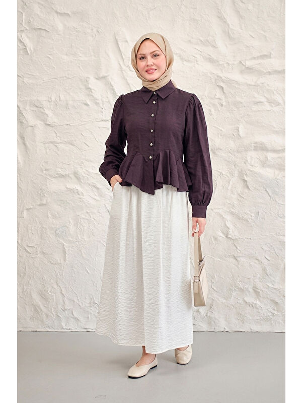 Locco Moda Kadın Gold Düğme Detay Fırfırlı Kısa Gömlek Mürdüm