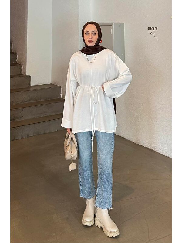 Lamelif Yırtmaç Detaylı Sweat Beyaz
