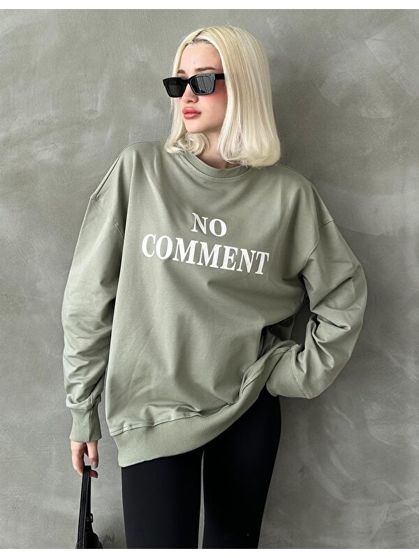 Madmext Mint Yeşili Bisiklet Yaka Baskılı Oversize Kadın Sweatshirt Mg1902