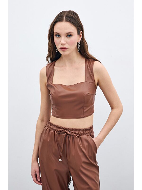 SATEEN Kare Yaka Deri Crop - Kahve
