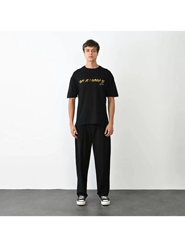 Jane's Unisex Bisiklet Yaka Baskılı Oversize T-Shirt - Siyah