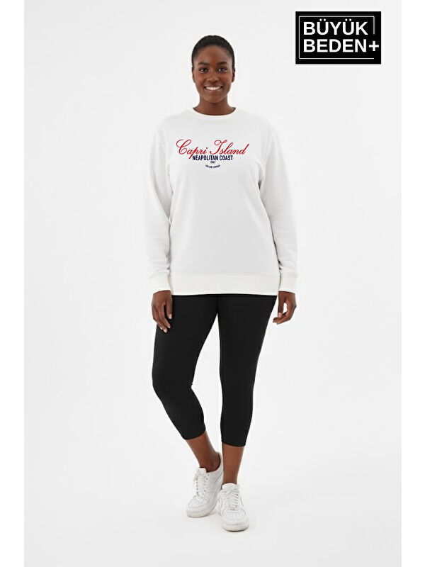 Süperlife Kadın Büyük Beden Capri Island Baskılı Bisiklet Yaka ince Sweatshirt SPR26BSWK956-14