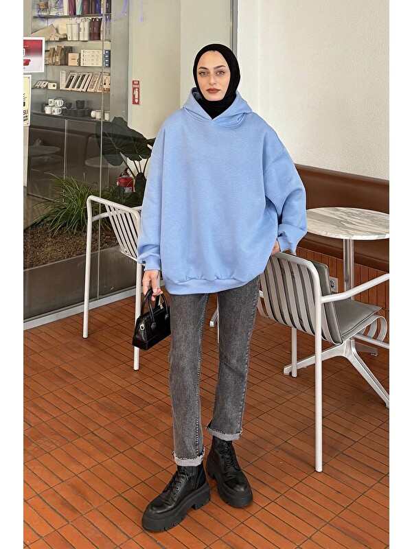 Lamelif Kapüşonlu Salaş Sweatshirt Bebe Mavisi