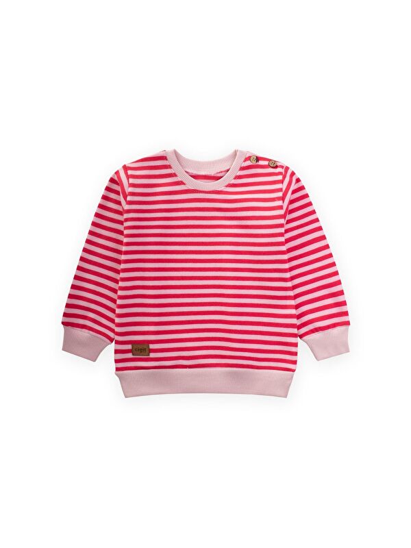 CİGİT Çizgili Triko Sweatshirt 0-4 Yaş Pudra Mercan