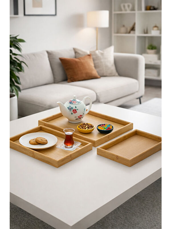 Porsima 130105043 Ahşap Tepsi 3lü Set Çay Kahve Bambu Sunumu Tepsi Seti