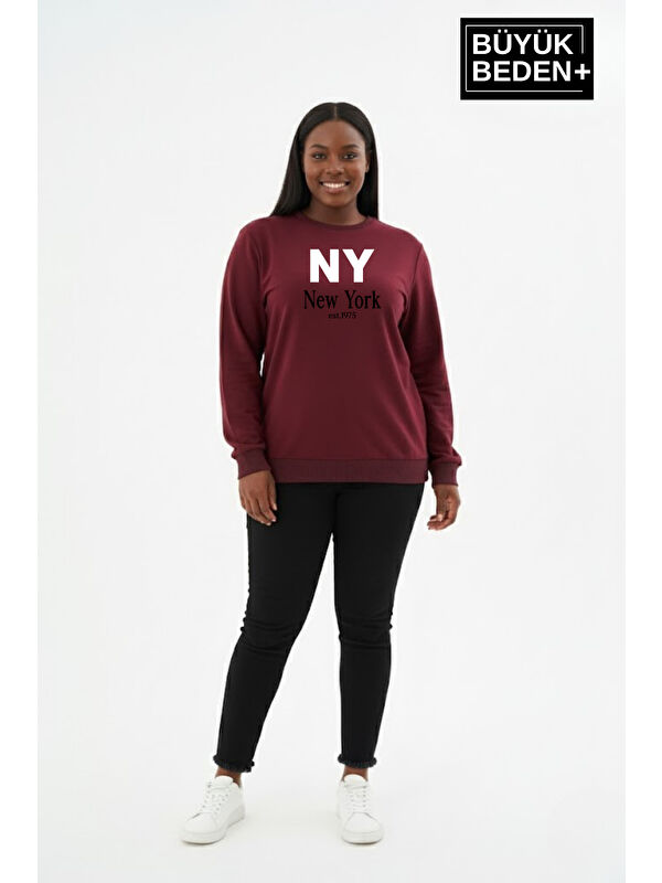 Süperlife Kadın Büyük Beden NY Newyork Baskılı Bisiklet Yaka ince Sweatshirt SPR26BSWK956-15