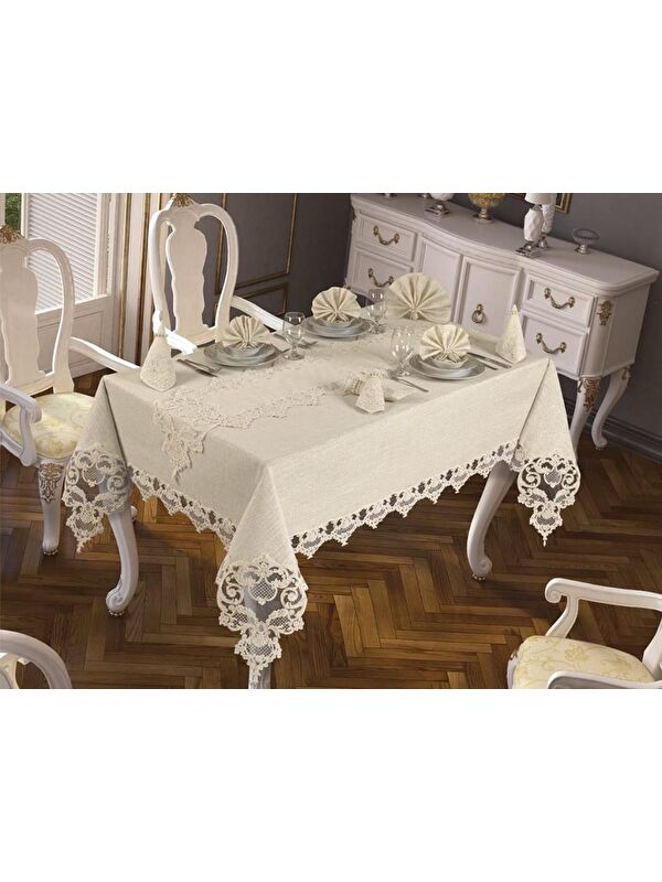 Çeyiz Diyarı Duru Masa Örtüsü 160x260 Cm 26 Parça Krem