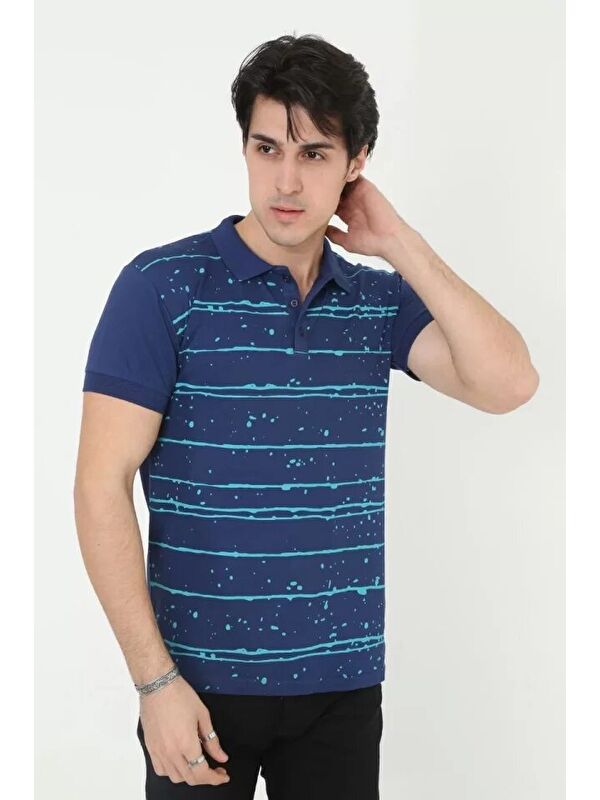 Jane's Erkek Yakalı Slim Fit Pike Çizgili T-Shirt - Mavi