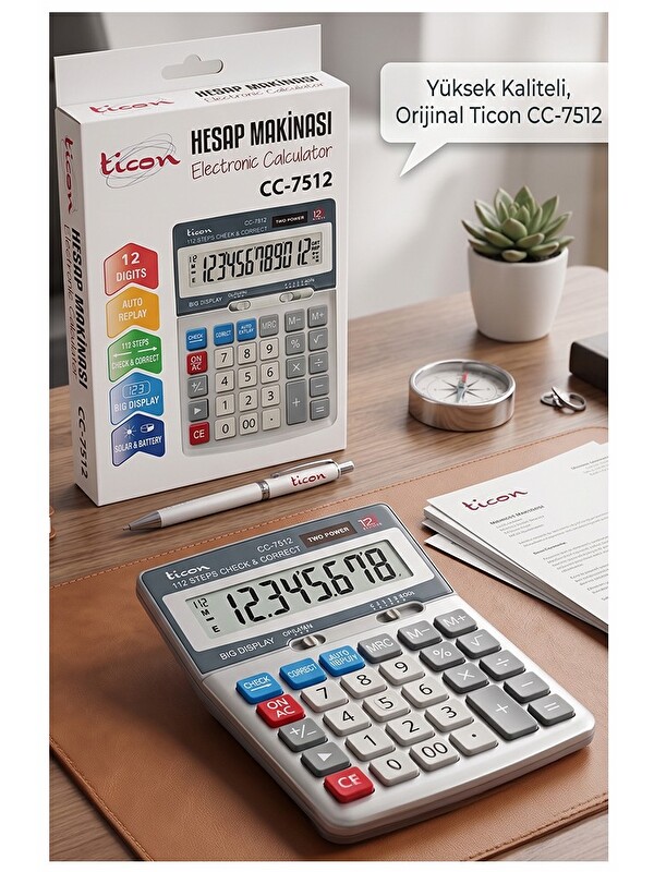 Ticon Hesap Makinesi Gri 12x17 Cm 1 Adet Th-7512 12 Haneli Hafızalı Orta Boy Ofis Büro Masaüstü Hesa