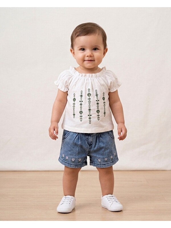 Ege Bebek Kız Bebek Yazlık Jean Şortlu Çiçek Baskılı T-shirtlü 6-9-12-18-24 Aylık 2'li Bayramlık Alt Üst Takım