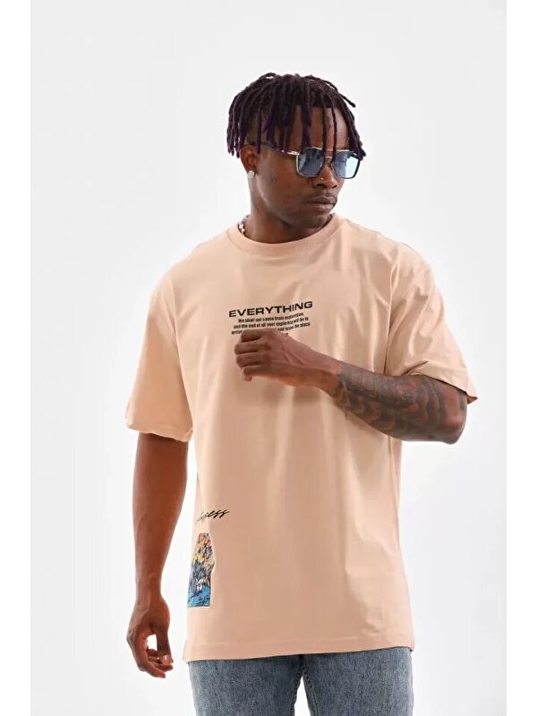 Jane's Unisex Bisiklet Yaka Baskılı Oversize T-Shirt - Bej