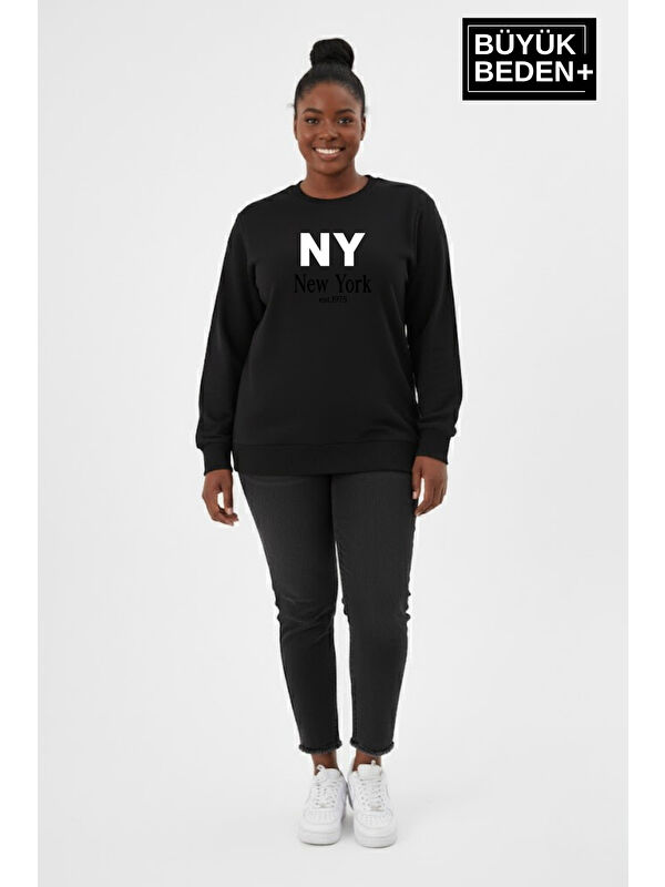 Süperlife Kadın Büyük Beden NY Newyork Baskılı Bisiklet Yaka ince Sweatshirt SPR26BSWK956-15