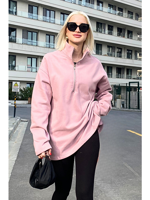 Madmext Gül Kurusu Fermuar Yaka Yırtmaçlı Sweatshirt Mg1903