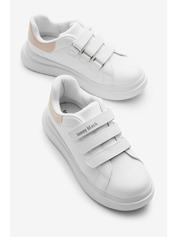 Çocuk Unisex Beyaz Pudra Eva Faylon Taban Üç Cırtlı Spor Ayakkabı - Görsel 4