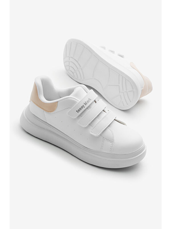 Çocuk Unisex Beyaz Pudra Eva Faylon Taban Üç Cırtlı Spor Ayakkabı - Görsel 5