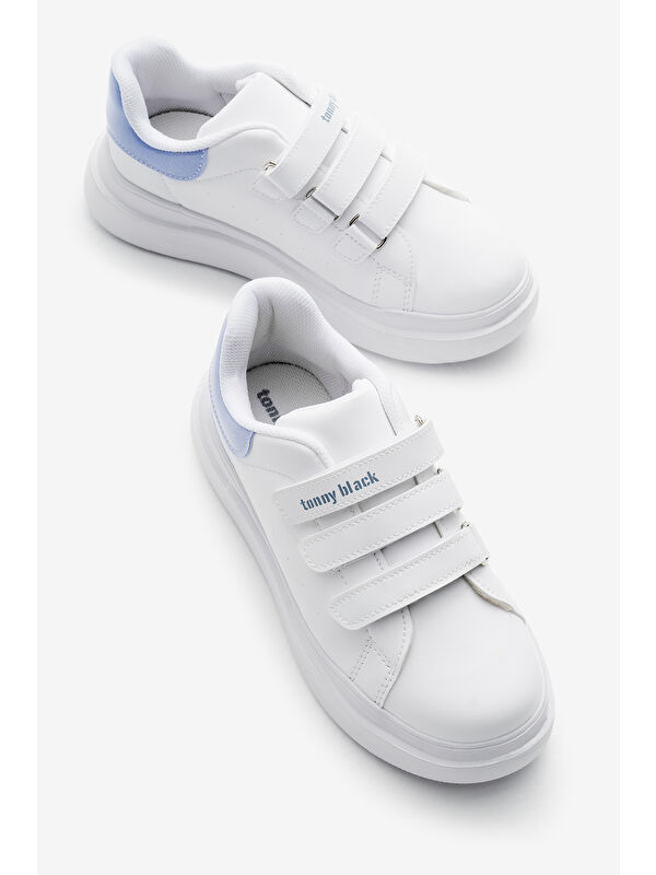 Çocuk Unisex Beyaz Mavi Eva Faylon Taban Üç Cırtlı Spor Ayakkabı - Görsel 3