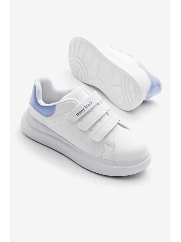 Çocuk Unisex Beyaz Mavi Eva Faylon Taban Üç Cırtlı Spor Ayakkabı - Görsel 4