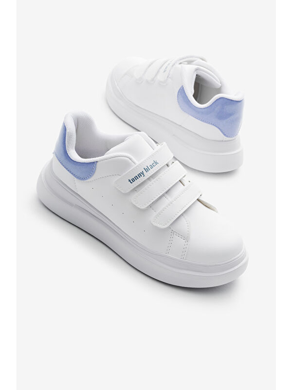 Çocuk Unisex Beyaz Mavi Eva Faylon Taban Üç Cırtlı Spor Ayakkabı - Görsel 5