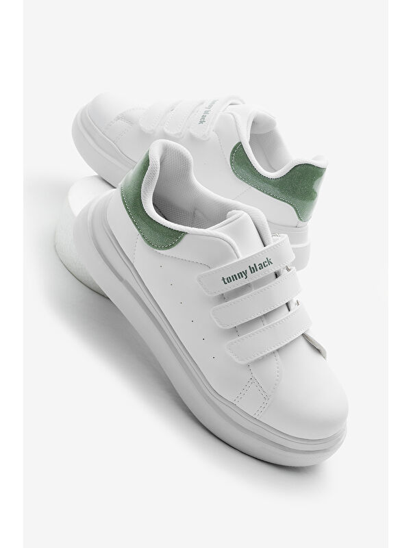 Çocuk Unisex Beyaz Su Yeşili Eva Faylon Taban Üç Cırtlı Spor Ayakkabı - Görsel 2