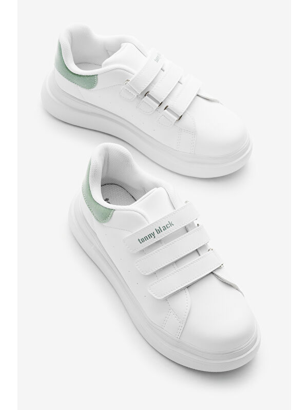 Çocuk Unisex Beyaz Su Yeşili Eva Faylon Taban Üç Cırtlı Spor Ayakkabı - Görsel 4