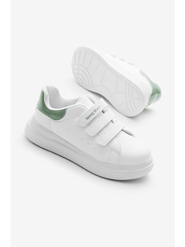 Çocuk Unisex Beyaz Su Yeşili Eva Faylon Taban Üç Cırtlı Spor Ayakkabı - Görsel 5