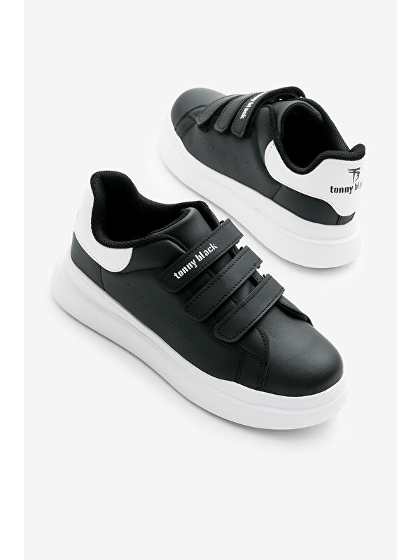 Çocuk Unisex Siyah Beyaz Eva Faylon Taban Üç Cırtlı Spor Ayakkabı - Görsel 5