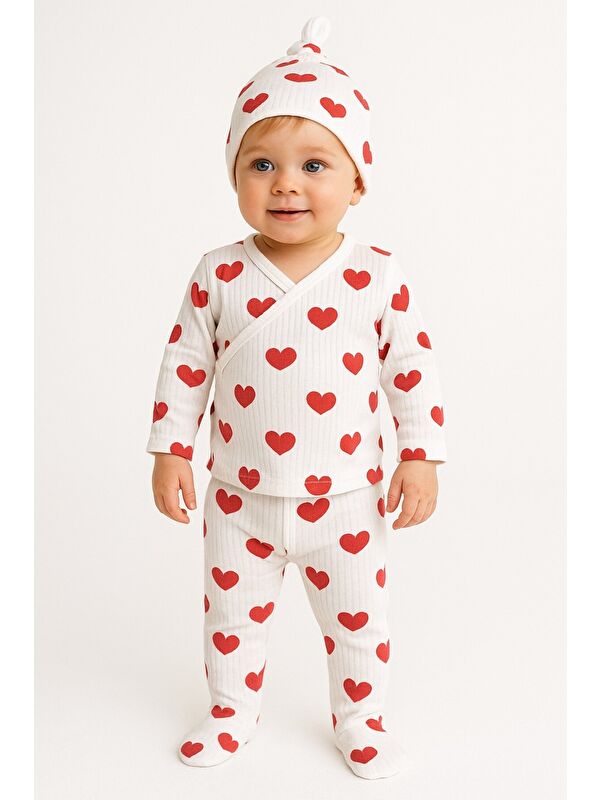 Kidex's Unisex Bebek Konforlu Kalp Baskılı Üçlü Ribana Set