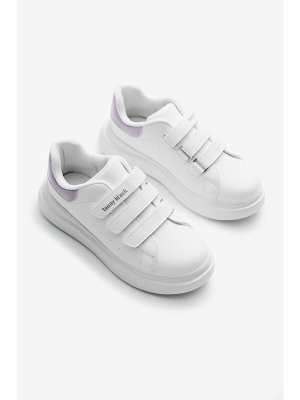 Çocuk Unisex Beyaz Lila Eva Faylon Taban Üç Cırtlı Spor Ayakkabı - Görsel 4