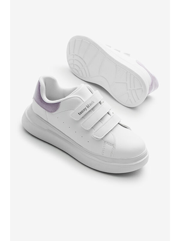 Çocuk Unisex Beyaz Lila Eva Faylon Taban Üç Cırtlı Spor Ayakkabı - Görsel 5