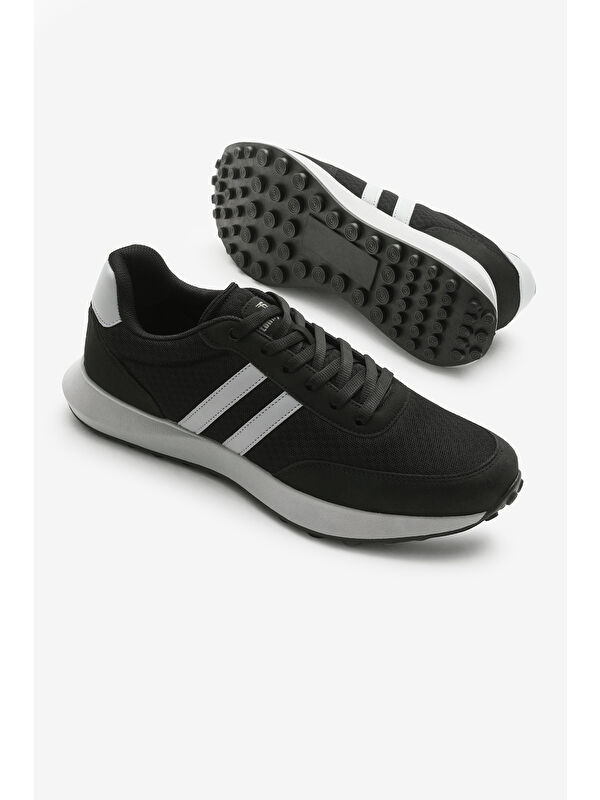 Erkek Siyah Buz Termo Taban Şeritli Nefes Alabilen Kumaş Bağcıklı Spor Ayakkabı - Görsel 4