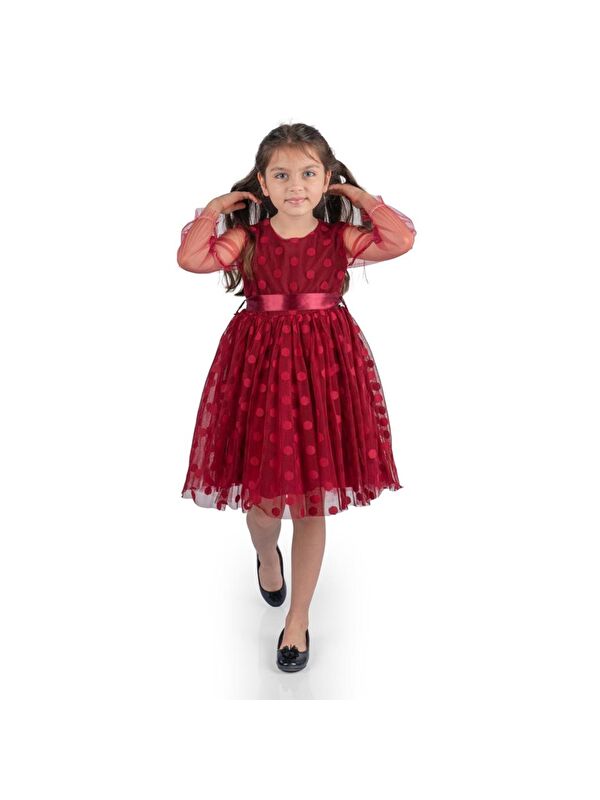 Mnk Baby & Kids Prenses İri Puanlı Tokalı Dantel Kumaş Kız Çocuk Elbise MNK0547