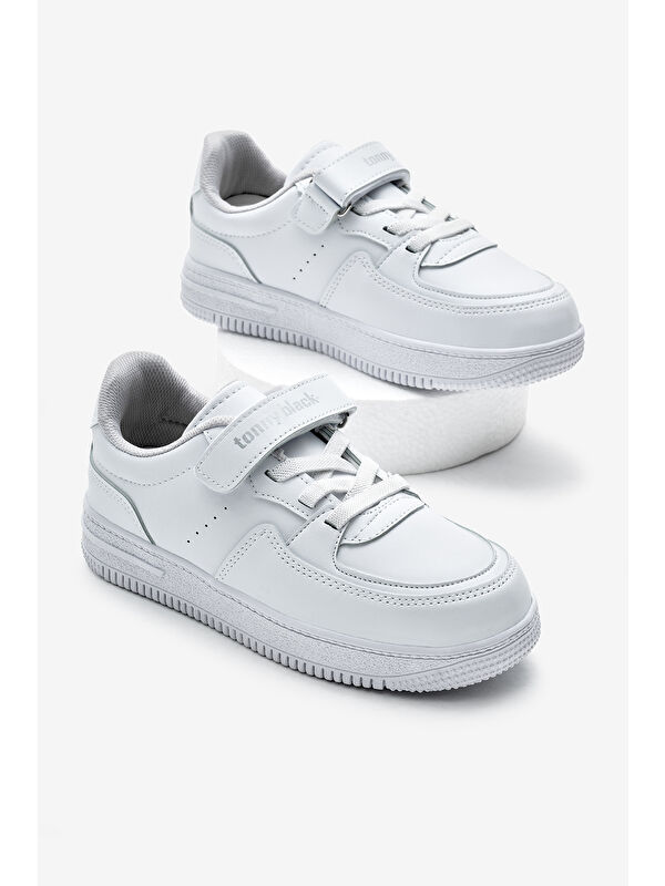 Çocuk Unisex Beyaz Beyaz Termo Taban Cırtlı Lastik Bağcıklı Spor Ayakkabı - Görsel 2
