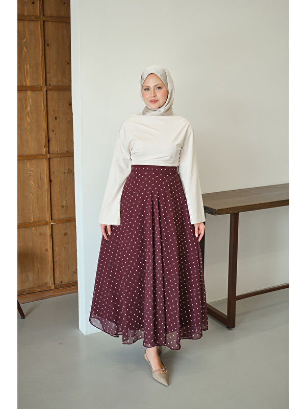 Locco Moda Kadın Puantiye Detay Şifon Etek Bordo