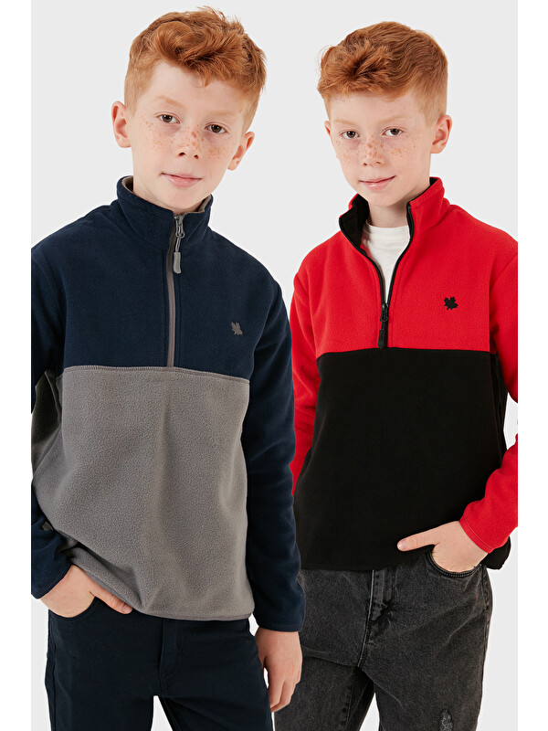 Lela Yumuşak Dokulu Yarım Fermuarlı Renk Bloklu Dik Yaka Unisex Çocuk 2'li Paket Polar 5905004S2