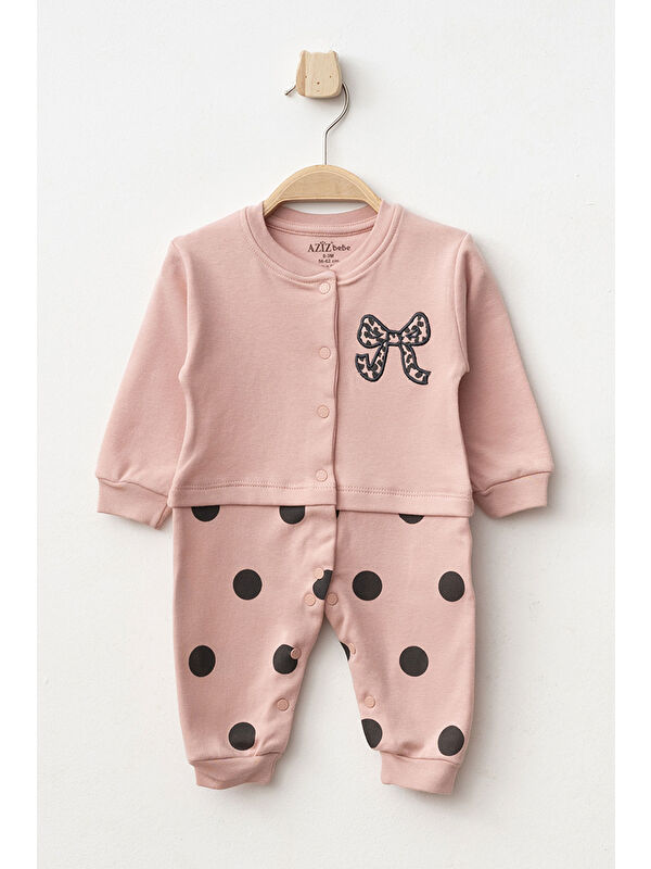 AZİZ BEBE Kız Bebek Çıtçıtlı Fiyonk Nakişli %100 Pamuk Tulum 0 Ay 6 Ay