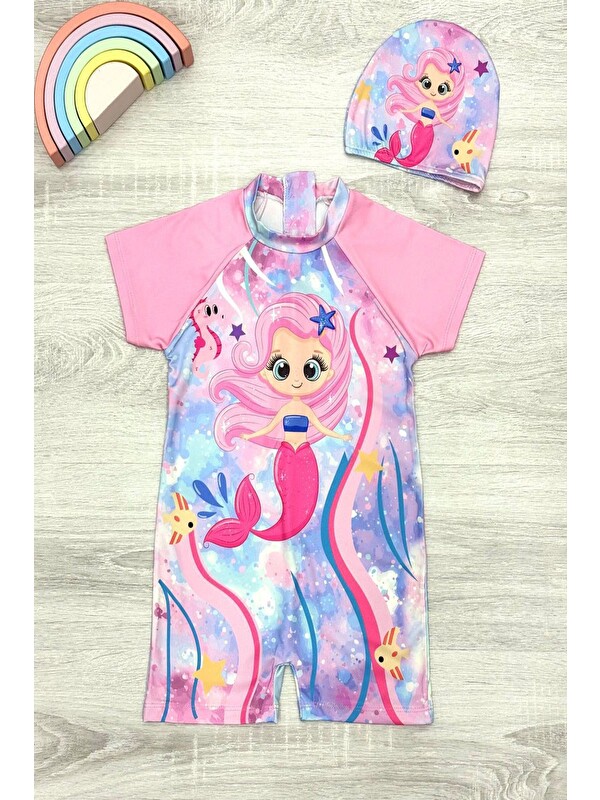 My Kids Wear Dalgıç Kumaş Gizli Fermuarlı Boneli Karakter Desenli Kız Çocuk Mayo