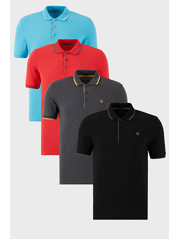 Buratti Pamuklu Slim Fit Şerit Detaylı Düğmeli Polo Yaka 4'lü Paket %100 Pamuk Tişört 5902118S4