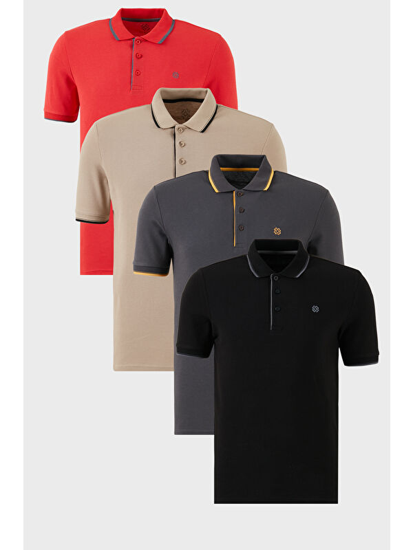 Buratti Pamuklu Slim Fit Şerit Detaylı Düğmeli Polo Yaka 4'lü Paket %100 Pamuk Tişört 5902118S4