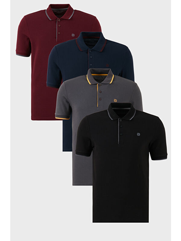 Buratti Pamuklu Slim Fit Şerit Detaylı Düğmeli Polo Yaka 4'lü Paket %100 Pamuk Tişört 5902118S4