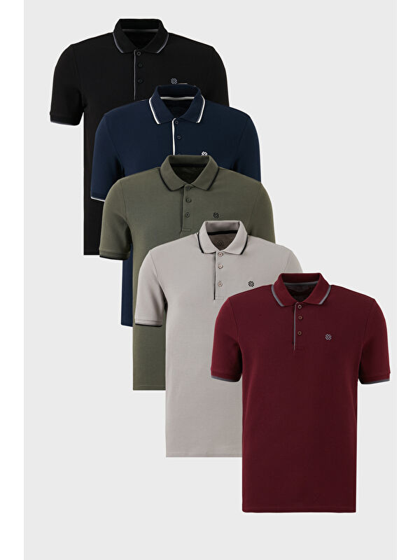 Buratti Pamuklu Slim Fit Şerit Detaylı Düğmeli Polo Yaka 5'li Paket %100 Pamuk Tişört 5902118S5