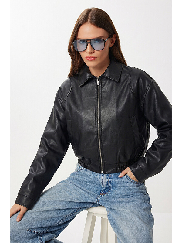 Happiness İstanbul Suni Deri Bomber Ceket SİYAH LAX0002